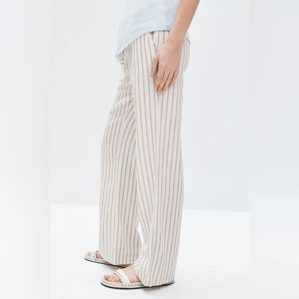 Ellen Tracy Linen Stripe Wide Leg Pants Women's Small White w/ Black pinstripes - Picture 3 of 15